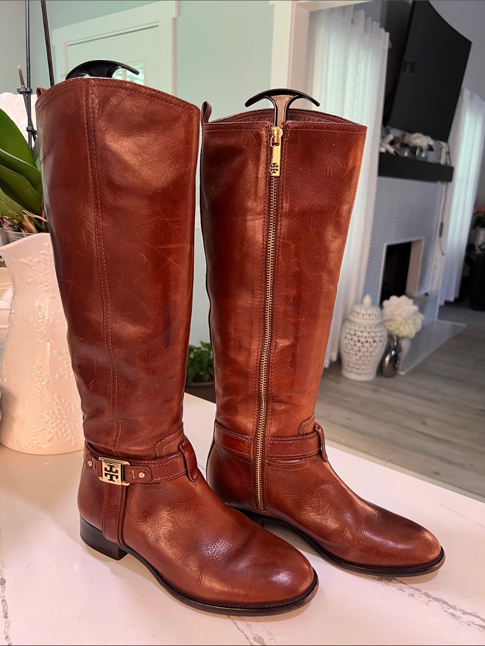 Tory Burch Chestnut Leather Riding Boots with Gold Logo Buckle size 7